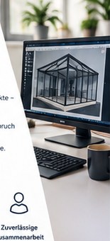 CAD-Arbeitsplatz mit 3D-Modell eines Wintergartens